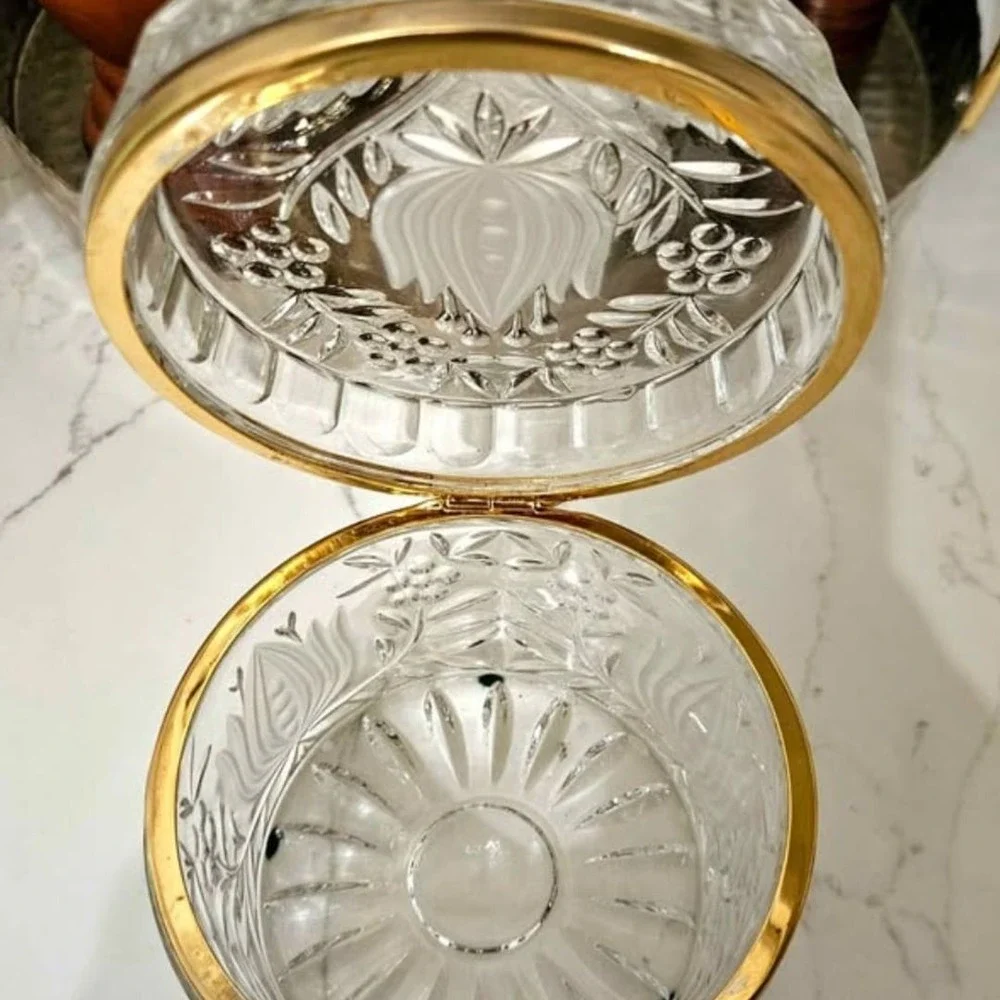 Vintage French Cut Crystal Hinged Jewelry Box Brass Trim /Floral Etched Design